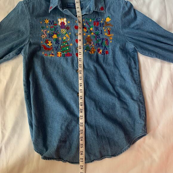 Karen Scott Christmas Embroidered Button Down Denim Chambray Size Petite Small - Picture 6 of 7